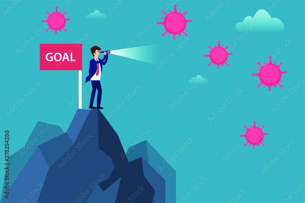 Business vision new normal vector concept: Businessman standing on the mountain peak while looking at coronavirus with a telescope