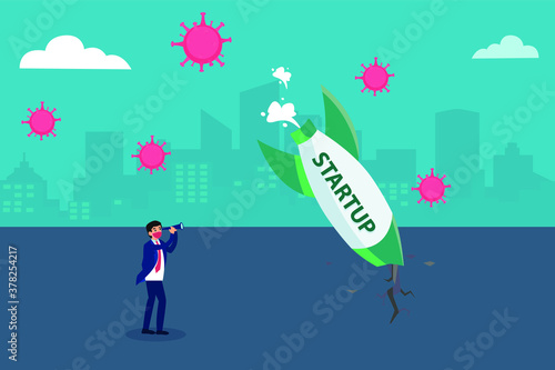 Fail startup development vector concept: Businessman with face mask looking at business startup  crashed caused by pandemic