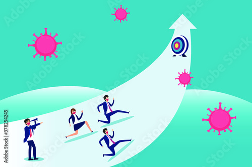 Business vision new normal vector concept  Business team running to target with upward arrow and coronavirus