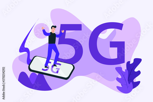 5G network vector concept: Man riding a mobile phone with fast 5G network connection