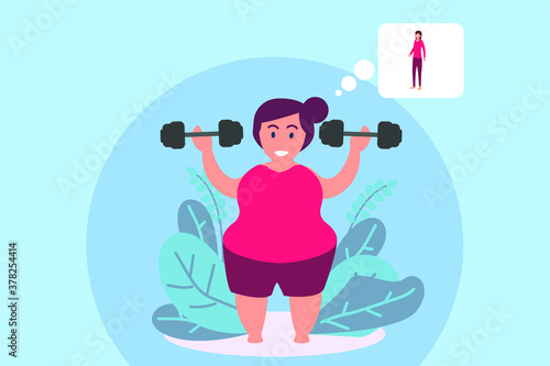 Loosing weight vector concept: Overweight woman doing workout with dumbbell while imagine get slim body