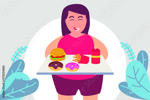 Unhealthy lifestyle vector concept: Greedy fat woman feeling hungry while looking at junk food