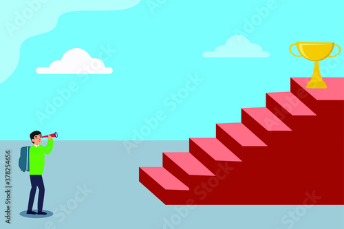 Stairs to success vector concept: Male student looking at the trophy on the top of stairs through a telescope