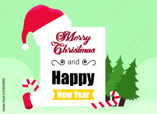Christmas vector concept: Greeting card of merry christmas and happy new year with santa hat