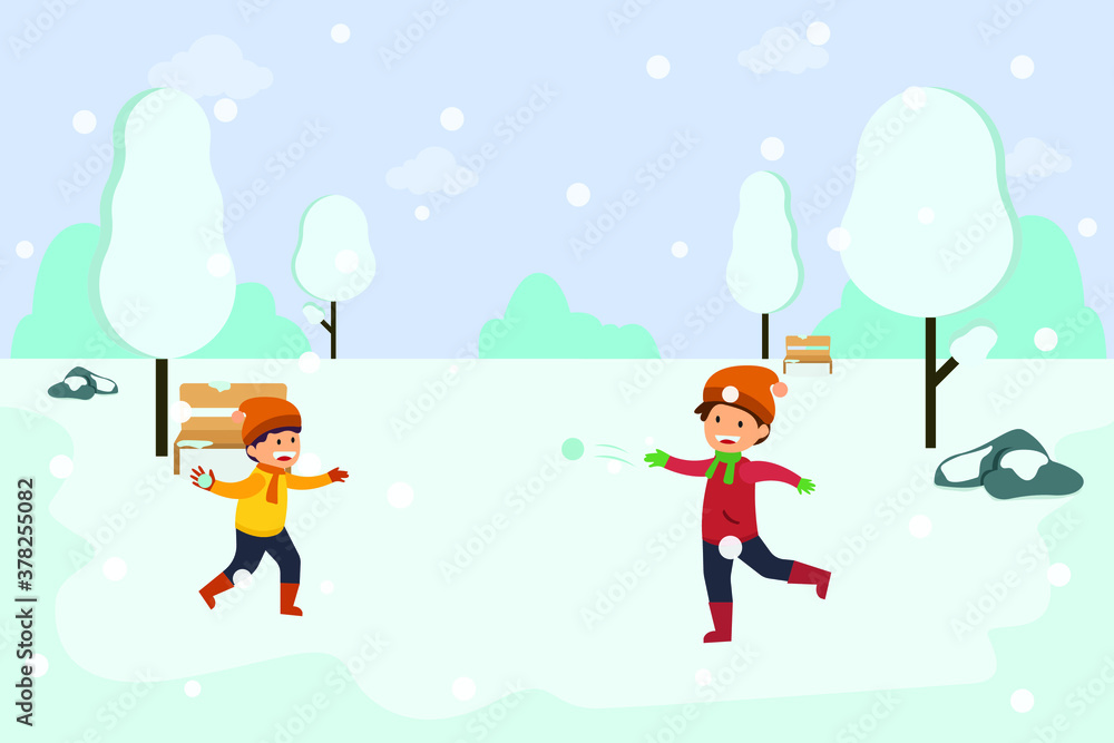Winter vector concept: Two cute boys playing snowball fight while standing in the snowy park