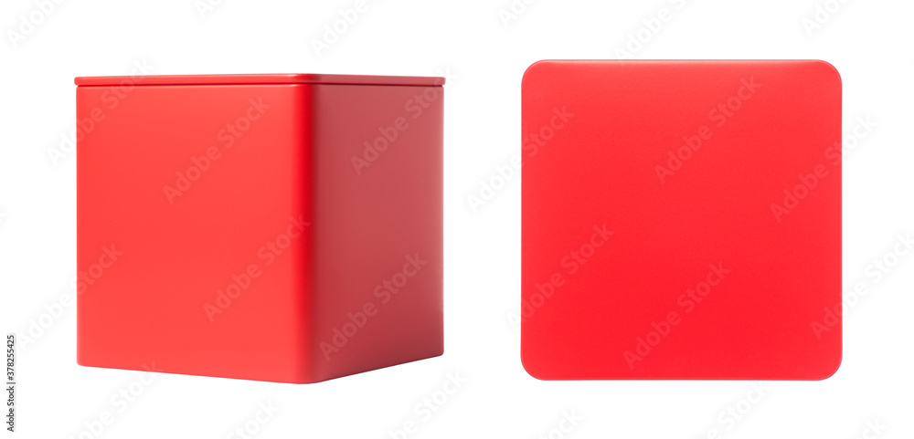 The top view of red metal tin can and red metal tin can isolated on white background. Packaging for tea or coffee. The top view of red metal tin can and red metal tin can isolated on white background. Packaging for tea or coffee.