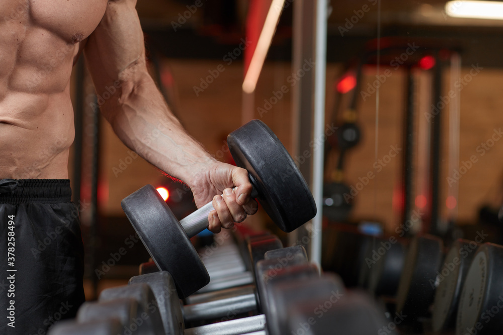 Close-up of muscle man lifting barbell while training in gym Close-up of muscle man lifting barbell while training in gym