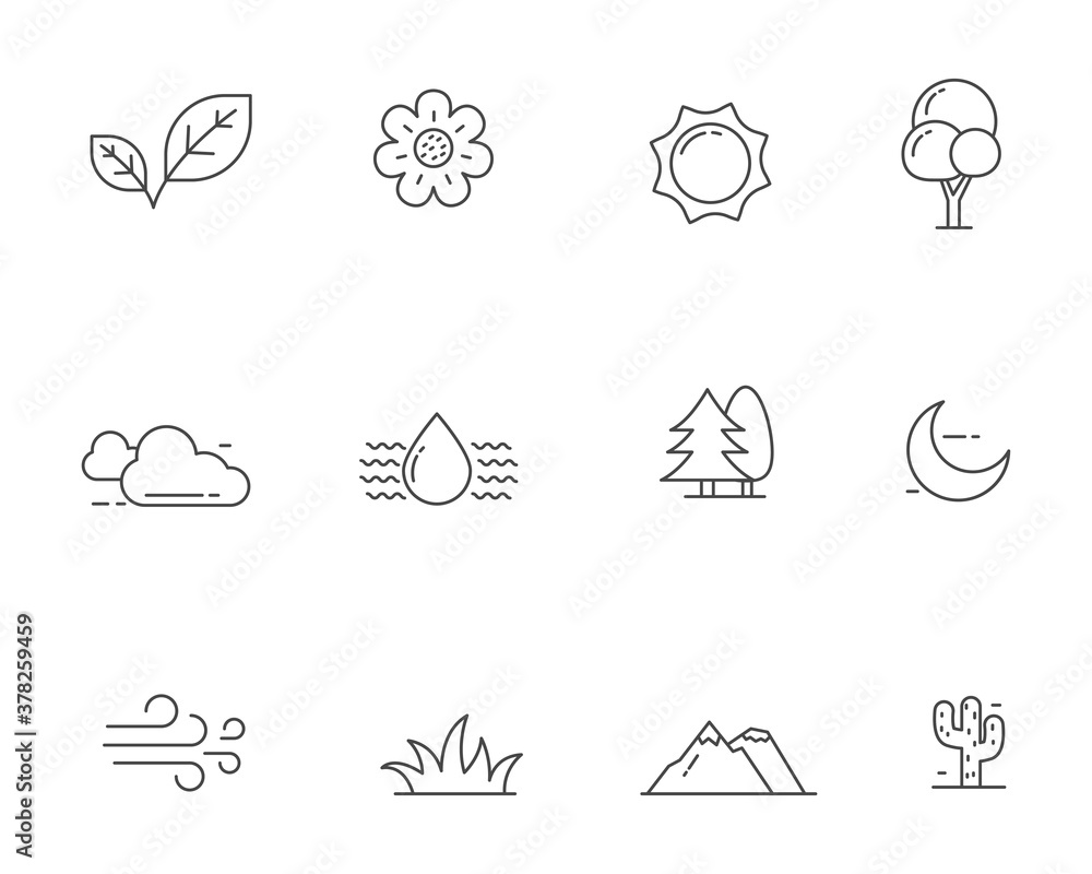 Set of nature related icons collection in outline style isolated on white background