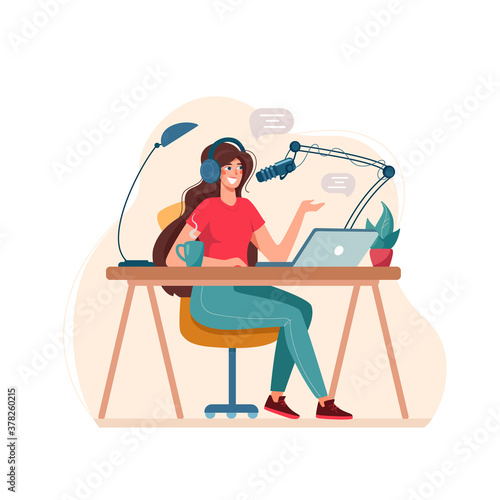Vector Illustration Podcast Record. The girl interviews, conducts a webinar, online courses, the concept of an educational podcast. Can be used for web banner, infographic. Isolated on white.