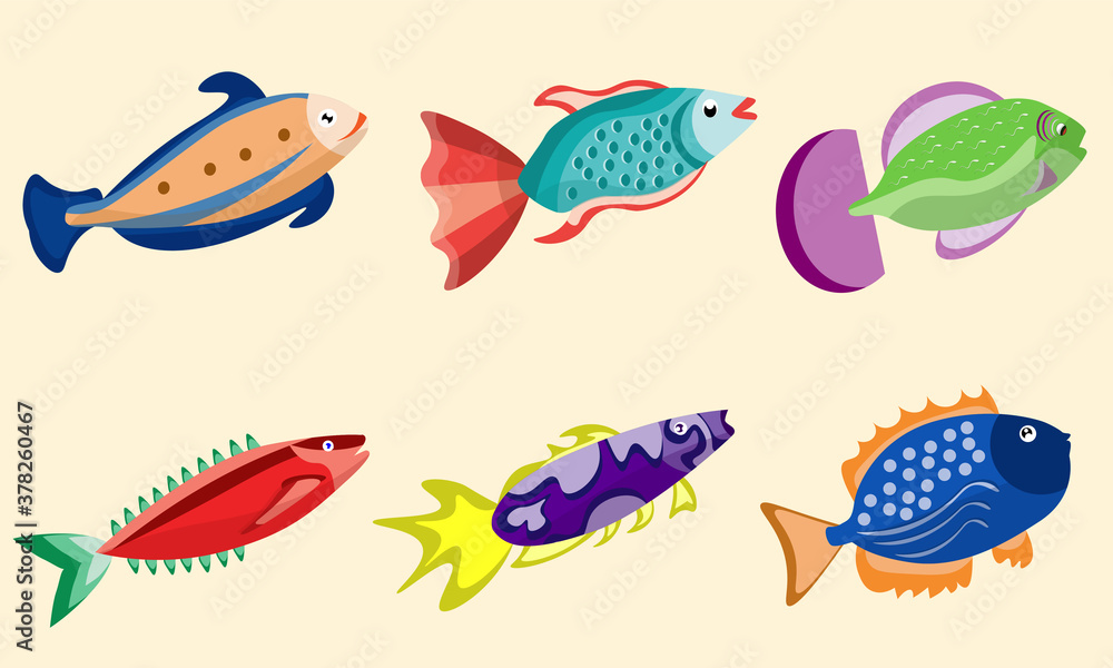 six cute fish characters. Fish cartoon assets for learning and children's products. Vector based design