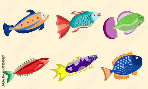 six cute fish characters. Fish cartoon assets for learning and children's products. Vector based design