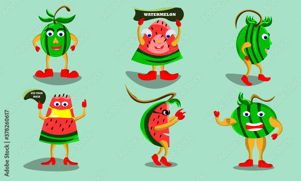 Obraz premium six cute fruit cartoon characters. Watermelon fruit cartoon asset for child learning illustration. vector based image.
