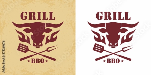 Set of color illustrations of bull, shovel, fork, fire and text with stars. Vector illustration in vintage style on a background with a grunge texture. The illustration advertises a barbecue and grill