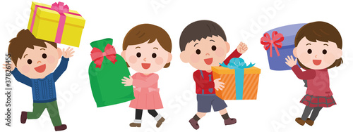 プレゼントを持って喜ぶ子供達　イラスト
