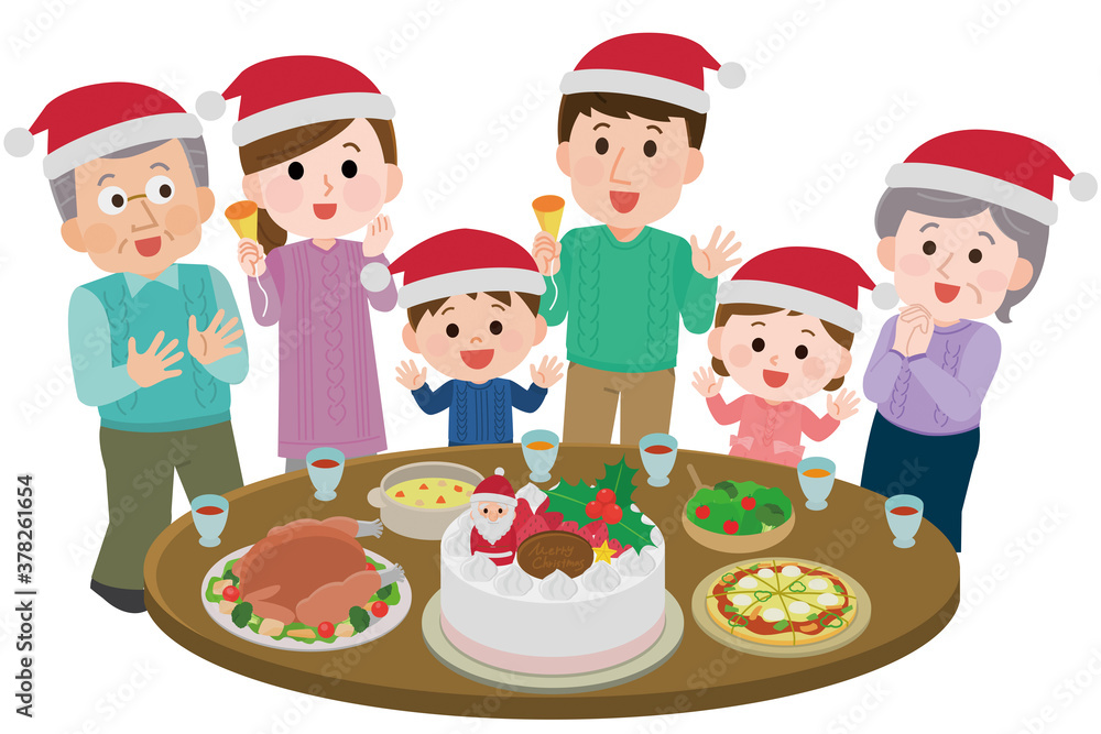 クリスマスパーティをする三世代家族 ごちそう イラスト クリスマスパーティをする三世代家族 ごちそう イラスト