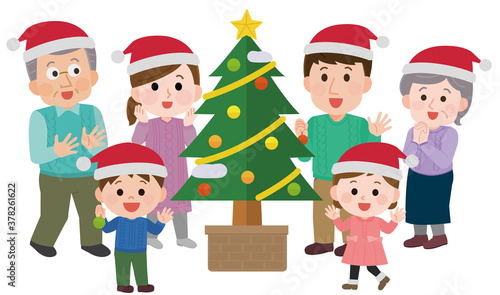 クリスマスパーティをする三世代家族　イラスト