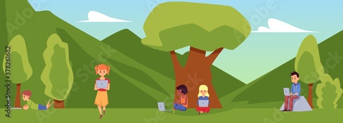 Children using laptops in park or at school backyard flat vector illustration.