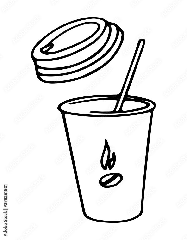 A paper cup with a straw and an open lid. A hot coffee bean is drawn on the cup. Vector illustration. Drawn in doodle style by outline. A paper cup with a straw and an open lid. A hot coffee bean is drawn on the cup. Vector illustration. Drawn in doodle style by outline.