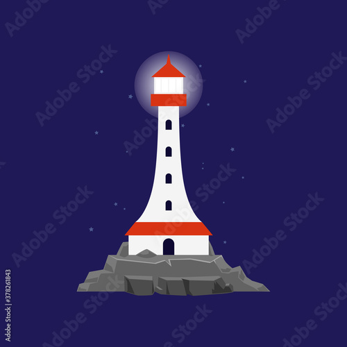 Sea beacon or lighthouse shining at night, flat cartoon vector illustration.