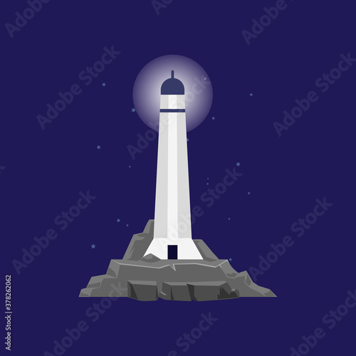 Beacon or lighthouse building on rocks at night flat cartoon vector illustration.