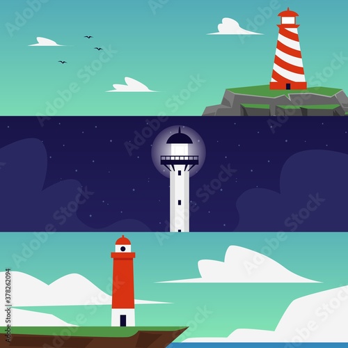 Set of banners or flyers with seacoast and lighthouse flat vector illustration.