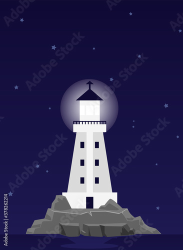 Night sea coast landscape with lighthouse on rocks, flat vector illustration.