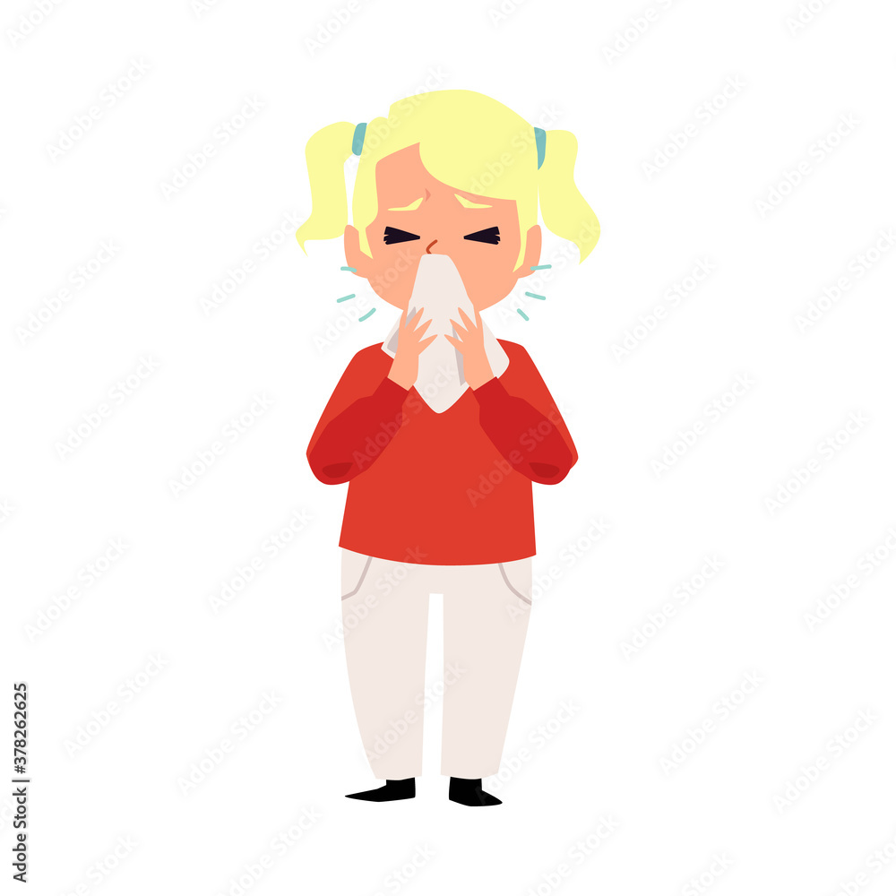 Sneezing child wiping nose with tissue flat vector illustration isolated. Sneezing child wiping nose with tissue flat vector illustration isolated.