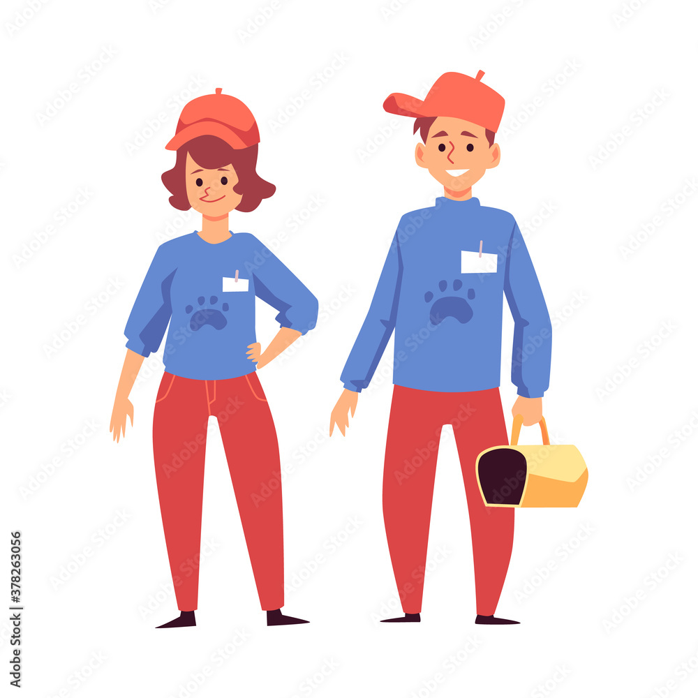 Shelter employees collect homeless animals, flat vector illustration isolated. Shelter employees collect homeless animals, flat vector illustration isolated.