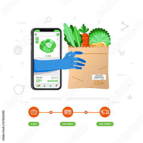 online groceries shopping app on mobile phone, fast delivery, feel like feels like direct shopping vector illustration