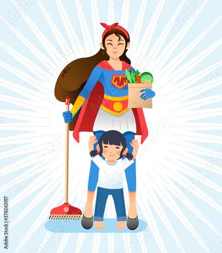 super mom, mother wearing superhero costume holding broom and groceries, little daughter standing in front of mother and raising her hand