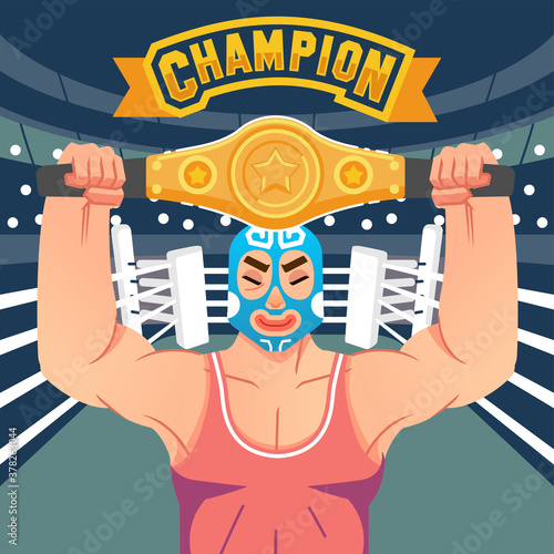 The wrestler raises the belt of victory in the ring with champion letter above vector illustration