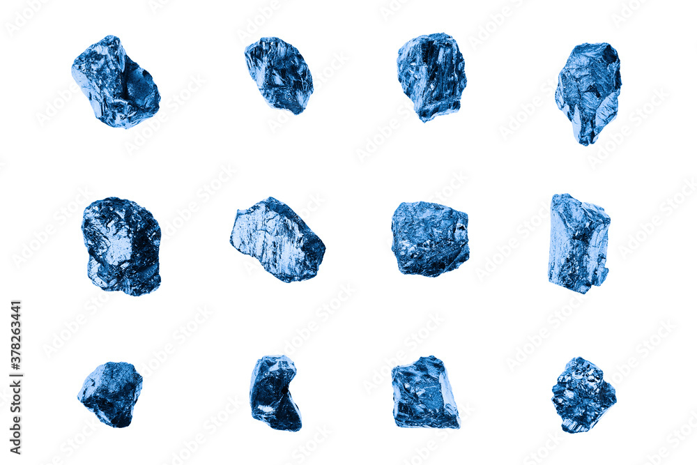 Fototapeta premium Dark blue gem stones set white background isolated closeup, raw sapphire gemstones collection, group shiny quartz rocks, rough amethyst, brilliant crystals, natural mineral samples, jewelry production