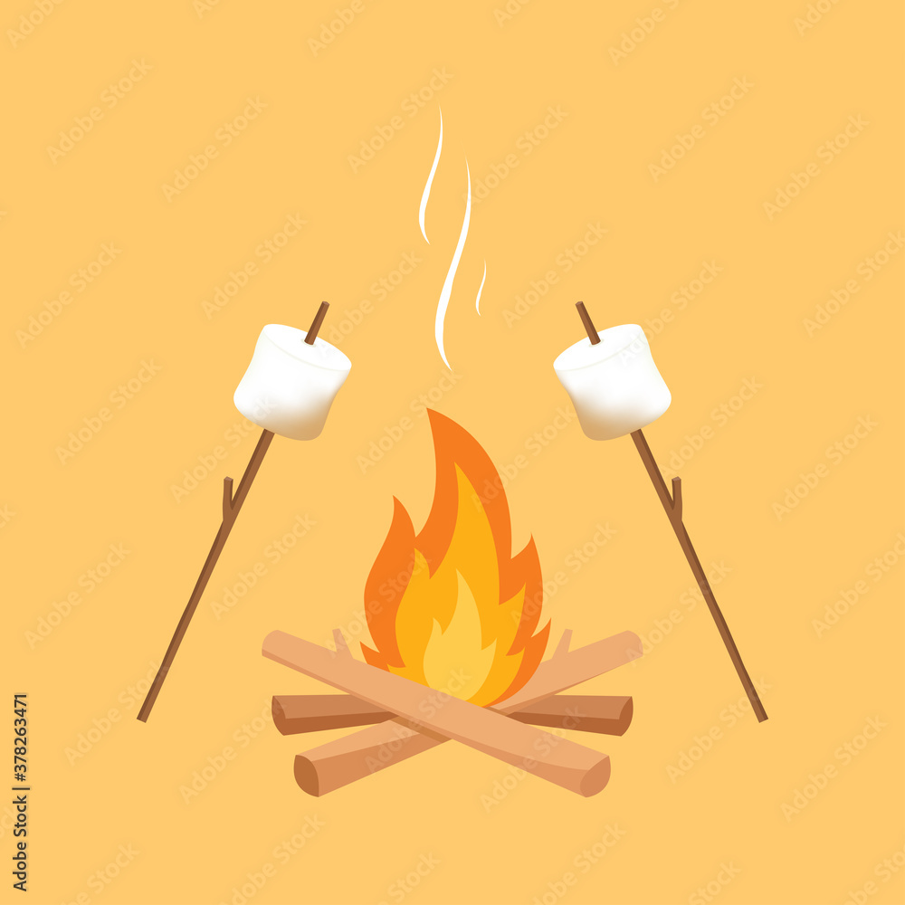Burned Marshmallows. Marshmallow stick and Bonfire vector.