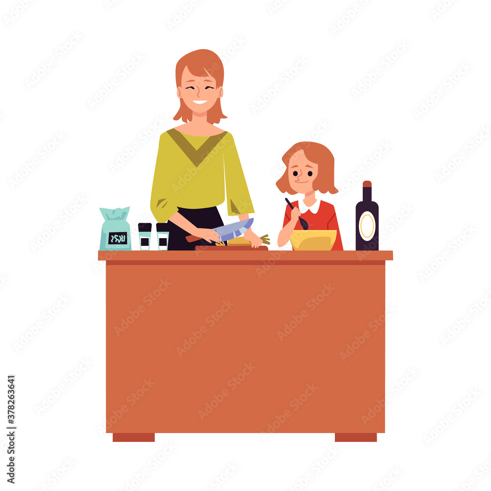 Mother and daughter cooking together flat vector illustration isolated. Mother and daughter cooking together flat vector illustration isolated.