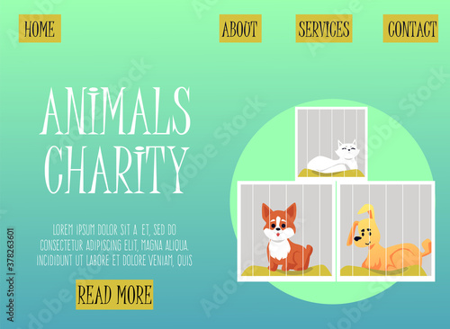 Animal charity website page with pets in shelter, flat vector illustration.