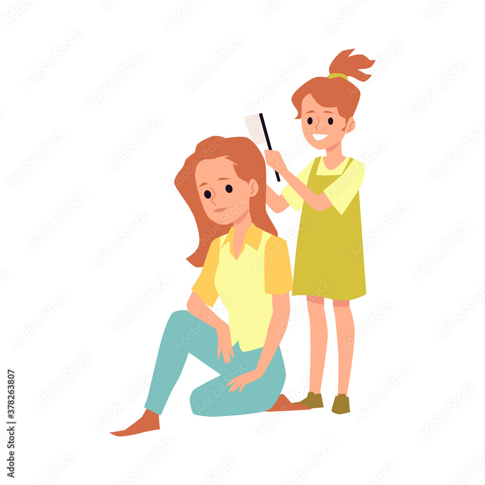 Relationship and care of mother and daughter, flat vector illustration isolated. Relationship and care of mother and daughter, flat vector illustration isolated.