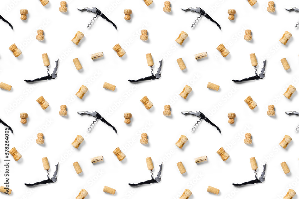 wine corks background on a white backlit background. wine background with corks and corkscrew for fabric print, paper print, wallpapers, design.