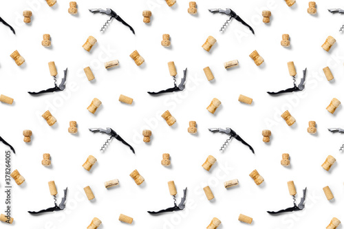 wine corks background on a white backlit background. wine background with corks and corkscrew for fabric print, paper print, wallpapers, design.