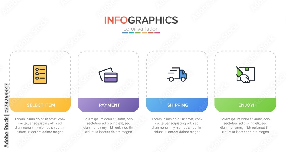 Concept of shopping process with 4 successive steps. Four colorful graphic elements. Timeline design for brochure, presentation, web site. Infographic design layout.