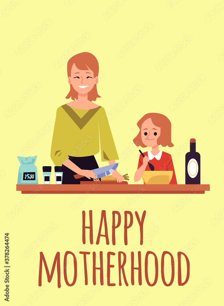 Happy motherhood banner with mother and daughter flat vector illustration.