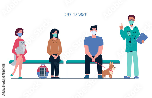 The queue to the veterinary clinic. People with pets are waiting on the bench, keeping their distance so as not to spread the virus. Owners of cats and dogs listen to the veterinarian. Flat vector