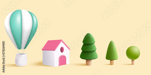 Hot air balloon, house and trees