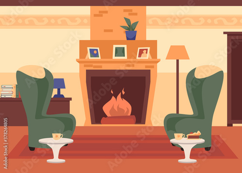 Comfy living room interior with fireplace and chairs, flat vector illustration.