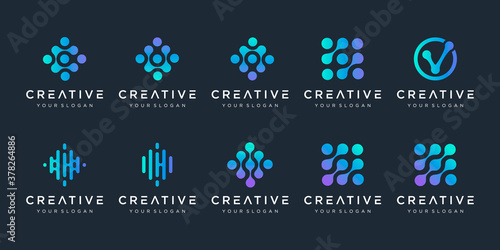 set of monogram logo with dot concept. Universal colorful biotechnology molecule atom DNA chip symbol. This logo is suitable for research, science, medical, logotype, technology, lab, molecule.