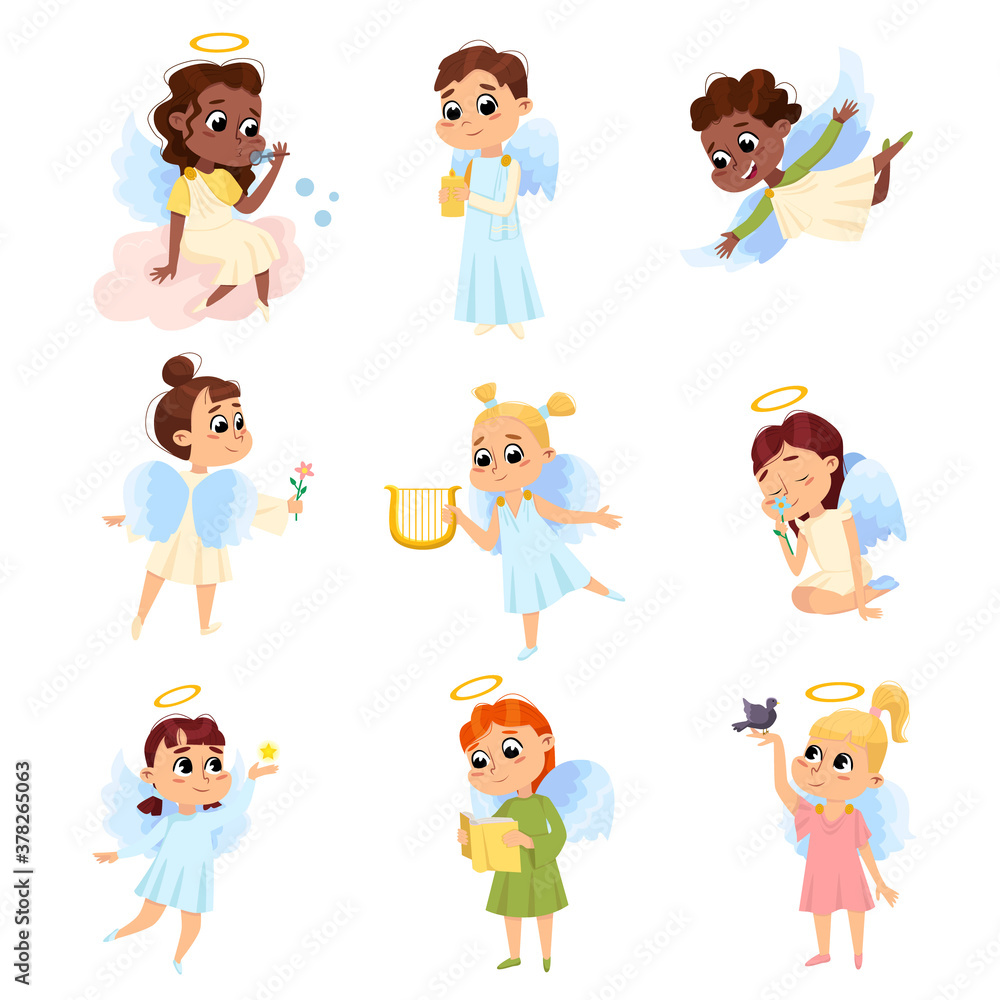 Adorable Baby Angels Set, Cute Angelic Boys and Girls with Wings and Halo Cartoon Style Vector Illustration