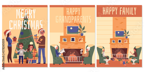 Winter cards set with people in room with fireplace, flat vector illustration.