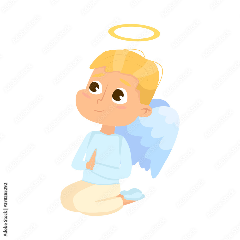 Cute Baby Angel Praying on His Knees, Angelic Boy with Wings and Halo Cartoon Style Vector Illustration