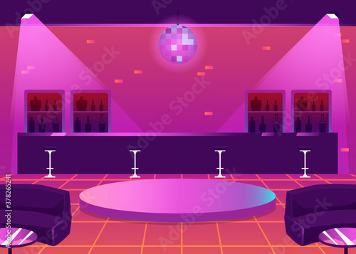 Empty nightclub or bar with counter and dance floor, flat vector illustration.