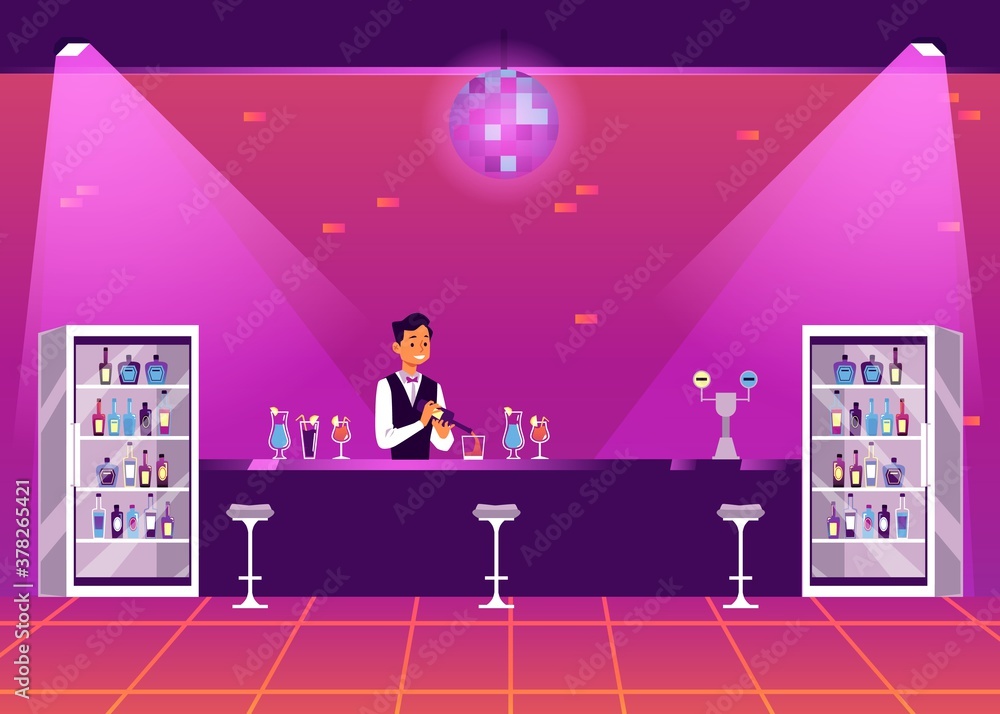 Empty bar counter in disco nightclub - cartoon bartender man with drinks Empty bar counter in disco nightclub - cartoon bartender man with drinks