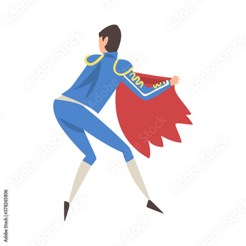 Back View of Bullfighter with Red Cape, Bullfighting Toreador Character Dressed in Blue Costume, Spanish Corrida Traditional Performance Cartoon Style Vector Illustration